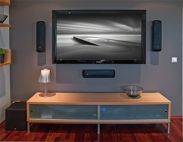 TV mounted on wall with 3 speakers