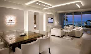 Living area of a home with bright lights illuminating the area